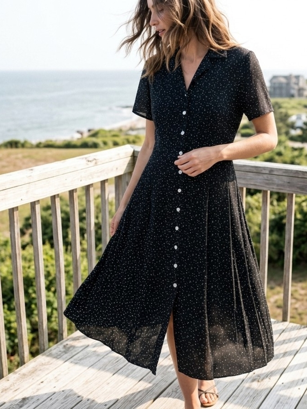 VTG Evan Picone Babydoll Black White Stars Polka Dot Dress 18W Celestial Retro